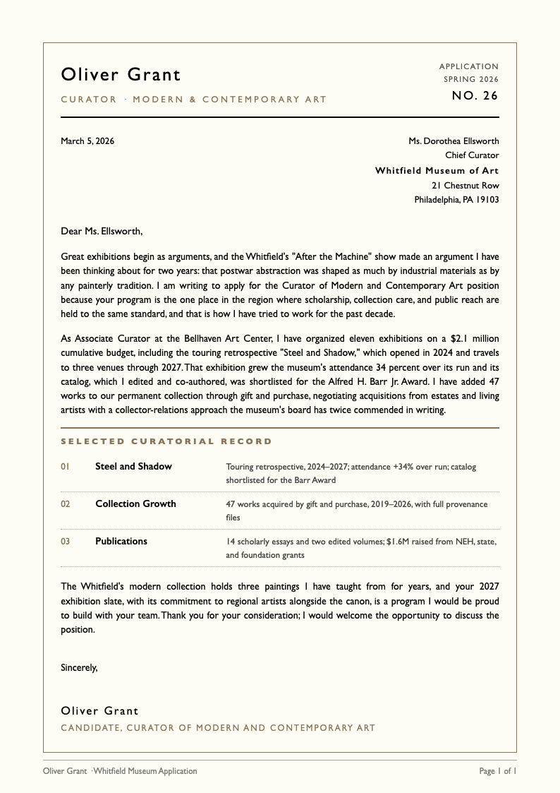 Gallery catalog cover letter